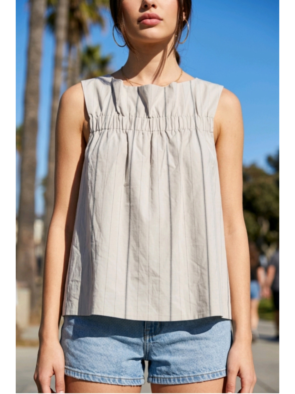 SPOON Striped Sleeveless Tank Top Beige/Grey Size XS